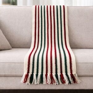 Handmade Crochet Afghan Blanket 65x44 Red Green Cream Ribbon Candy Throw